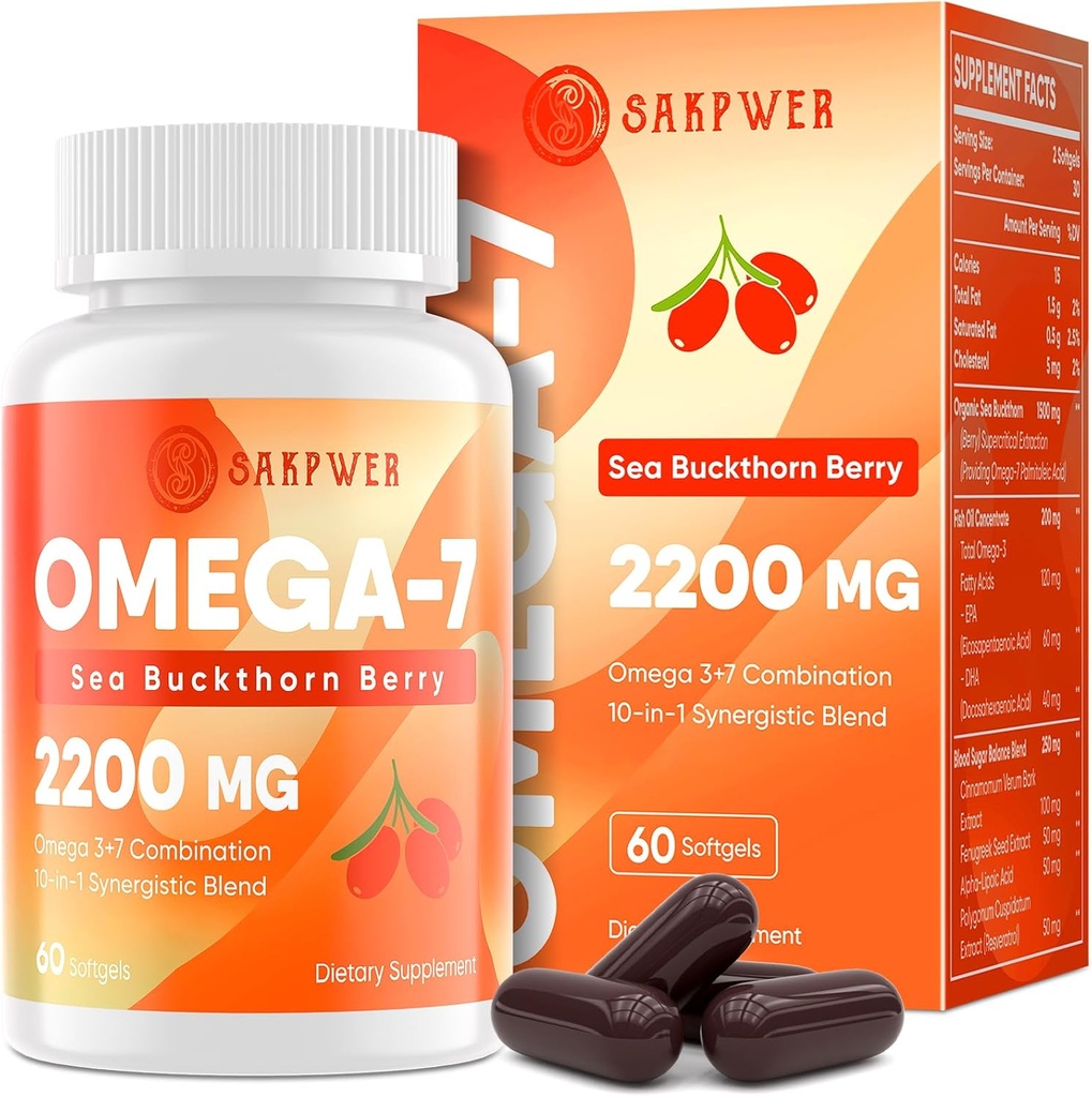 Omega- 7 Sea Buckthorn Oil - med Omega-3 EPA / DHA Fish Oil, Cinnamomum, Fenugreek, ALA, Green Tea, Cayenne Pepper, Gurkemeje, Resveratrol, Black Pepper - Gluten- Free, 60 Softgels