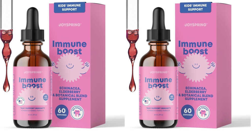 JoySpring Immune Drops – Kids Immune Support Supplement with Elderberry Extract, Echinacea, Oregon Grape Root & Orange Peel Liquid for Ages 3–16+ Years & Adults | 2 fl oz (60 Servings) (Pack of 2)