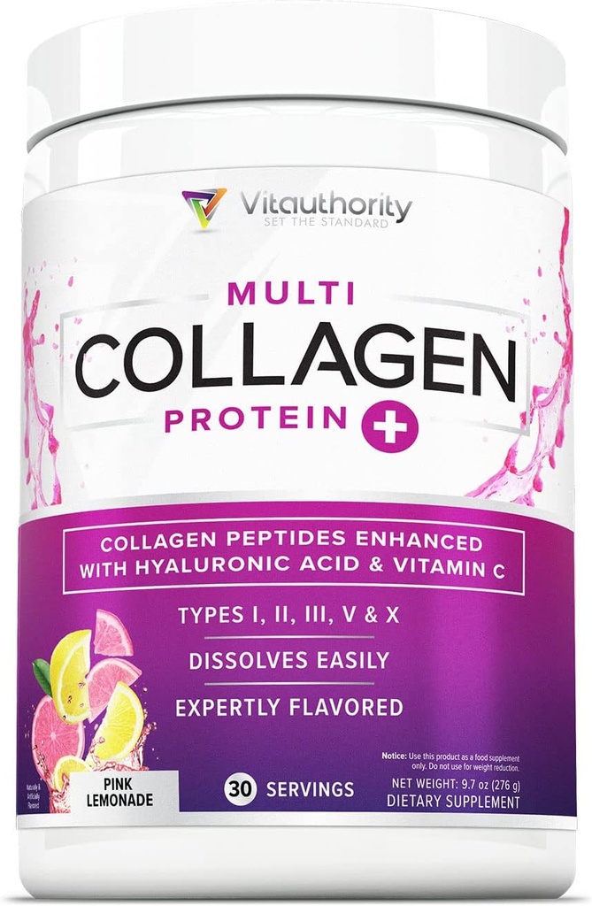 Multi Collagen Peptides Powder for Women - Hydrolyzed Flavored Collagen Powder for Women with Types I II III V & X Vitamin C & Hyaluronic Acid for Hair Skin and Nails (Pink Lemonade) - 30 Servings