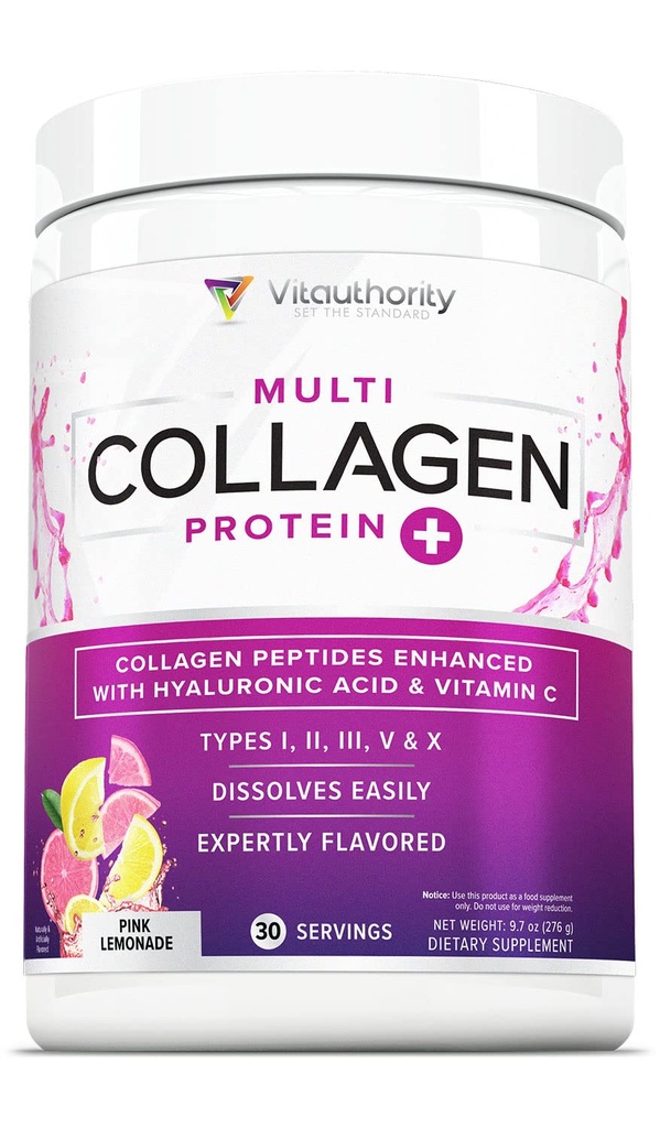 Multi collagen peptider pulver til kvinder - hydrolyseret farvet collagen pulver til kvinder med type I II III V & X C-vitamin & hyaluronsyre til hår hud og negle (Pink Lemonade) - 30 Servering