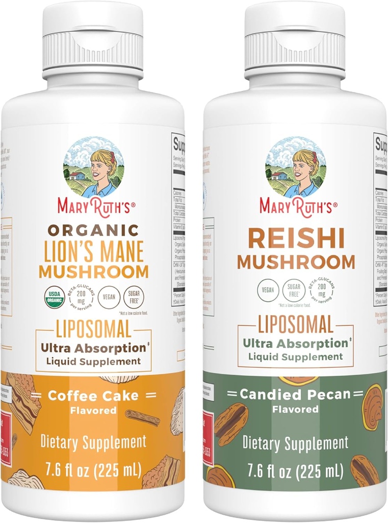 MaryRuth Organics Lions Mane Liposomal (Coffee Cake) & Reishi Mushroom (Candice Pecan) - 124; Clean Label Project Verified ® - 124; Vitaminer for kognitiv støtte, Immunitet, & Samlet sundhed; Vegan, Non- GMO