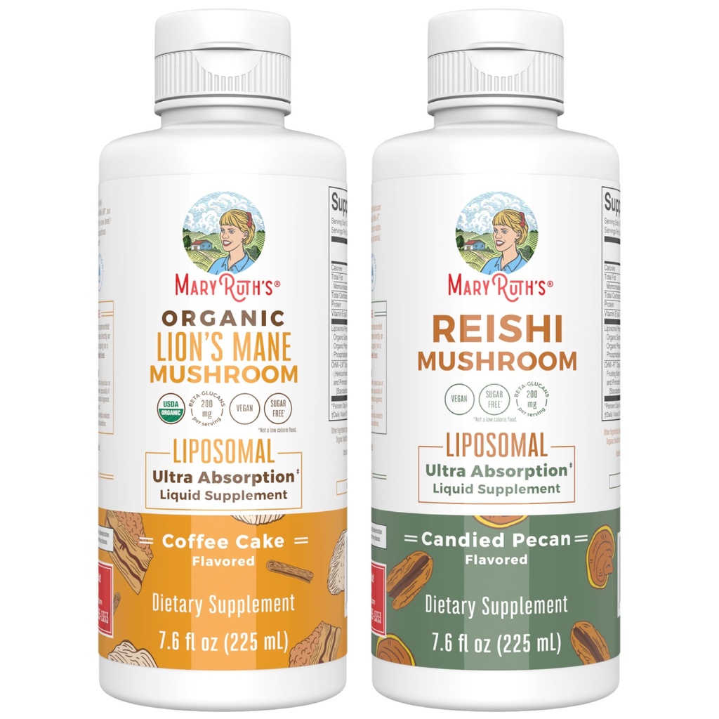 MaryRuth Organics Lions Mane Liposomal (Coffee Cake) & Reishi Mushroom (Candice Pecan) - 124; Clean Label Project Verified ® - 124; Vitaminer for kognitiv støtte, Immunitet, & Samlet sundhed; Vegan, Non- GMO