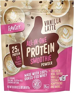 FlavCity Grass Fed Whey Protein Powder - Vanilla Latte - 25g Protein, 10g Collagen & 60mg af koffein - Lavet med Real Vanilla Bean & Organic Coconut - Gluten Free & No Added Sugars (20 Servere)