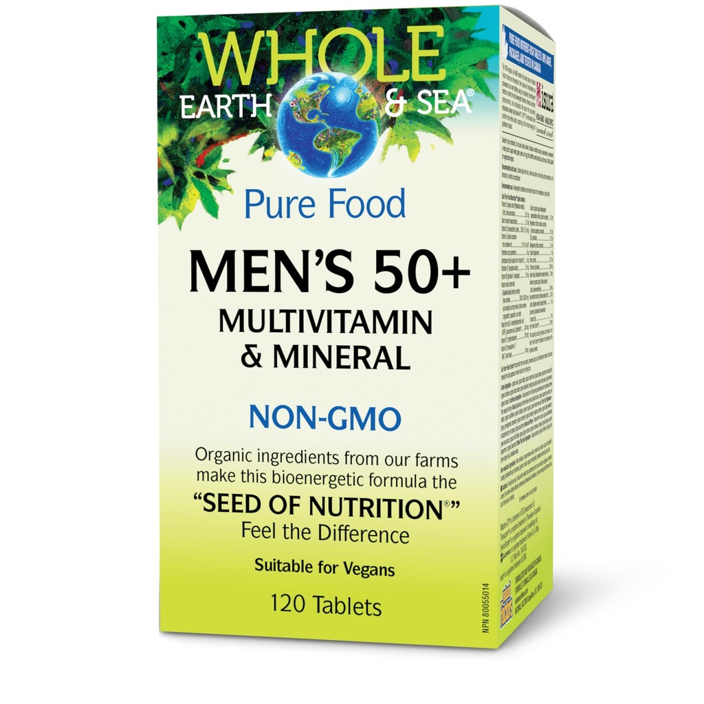 Naturlige faktorer hele Jorden & Hav Mænds 50 + Multivitamin & Mineral - Daglig ernæringsmæssig støtte Multivitamin - Understøtter hjerne sundhed & immunsystem funktion - Vegan - 120 tabletter (60 Servere)