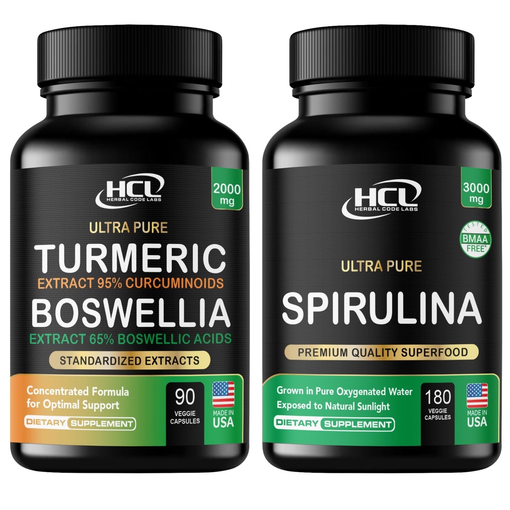 Turmeric Boswellia Extract Supplement 2000 mg + Spirulina Powder Capsules 3000 mg - Purest Non-Irradiated Blue Green Algae - Best Raw Vegan Protein - Green Superfood - Natural Multivitamins