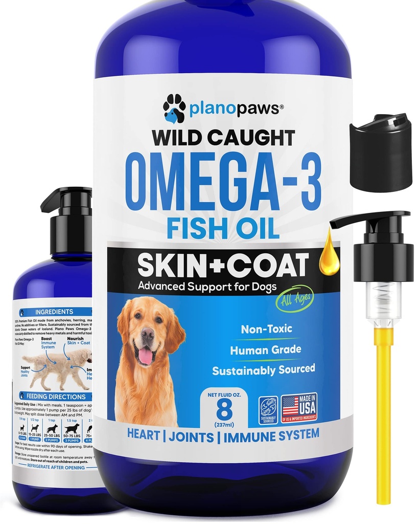 Omega 3 Fiskeolie til hunde - bedre end lakseolie - Hundefiskeolie supplement til at reducere afføring & klø - Understøtter joints, hjerne og hjerte sundhed - Hud og coat supplement - Flydende fiskeolie