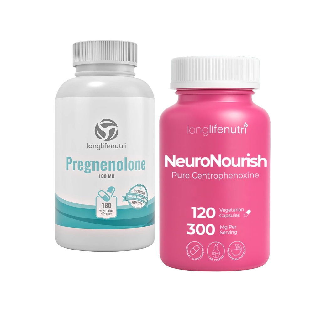 LongLifeNutri Pregnenolone 100 mg + Centrophenoxine 300 mg Bundle – 300 Vegetarian Capsules, Multi-Month Supply, cGMP Standards, Made in USA