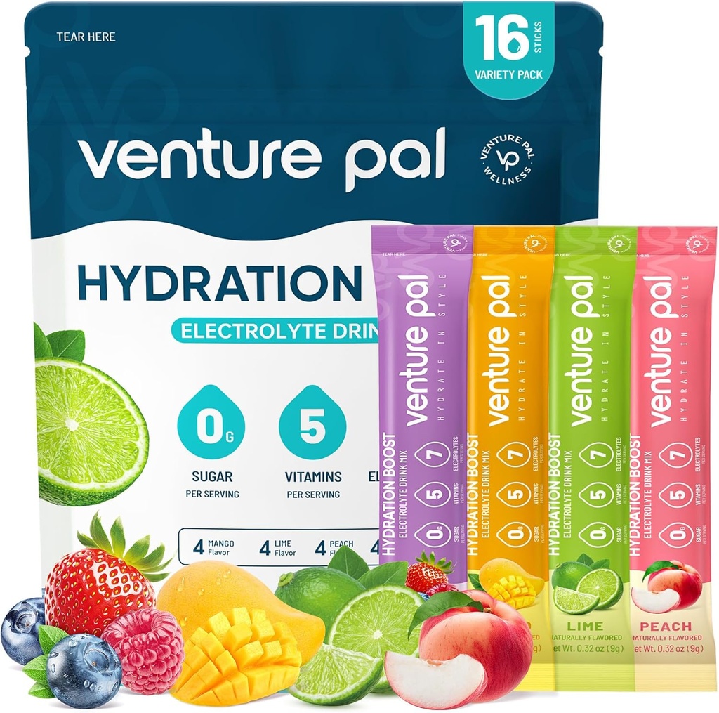 Venture Pal Sugar Free Electrolyte Powder Packets - Flydende Daily IV Hydration Packets # 124; Elektrolytes Drink Mix med 5 Vitamin & 7 Electrolytes # 124; Keto Friendly # 124; Non- GMO # 124; Certified Vegan # 124; 16 Sticks