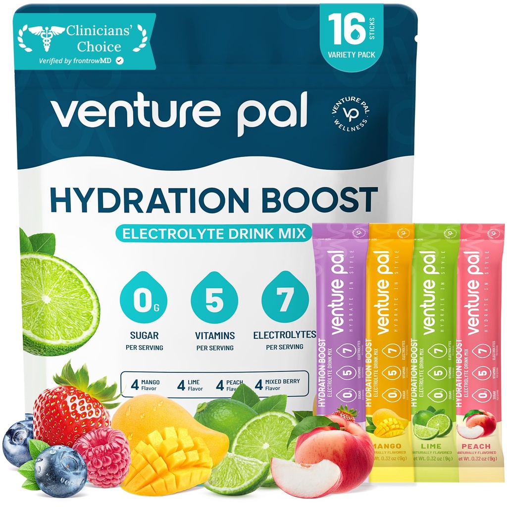 Venture Pal Sugar Free Electrolyte Powder Packets - Flydende Daily IV Hydration Packets # 124; Elektrolytes Drink Mix med 5 Vitamin & 7 Electrolytes # 124; Keto Friendly # 124; Non- GMO # 124; Certified Vegan # 124; 16 Sticks