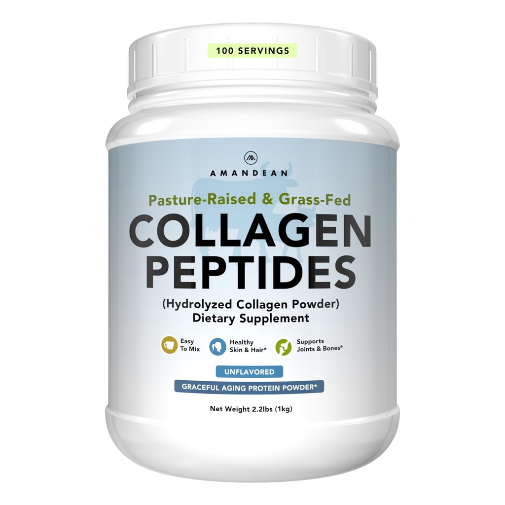 AMANDEAN Collagen Peptider Pulver 1 kg. Grass- Fed, Enzymatisk Hydrolyseret, Type 1 & 3. Agglomereret, let at blande, uden smag, ikke-GMO. Protein med 18 aminosyrer til sund hud, hår, negle.