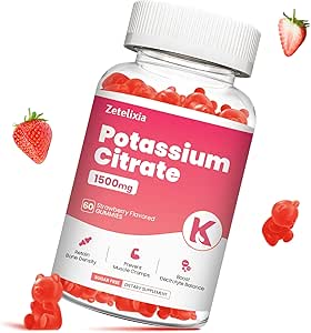 Kalium gummier for voksne kvinder & mænd, Kalium citrat supplement, støtte ben kramper, muskel sundhed & elektrolyte balance, sukker fri, økologisk, Vegan, Jordbær, 60 Cts