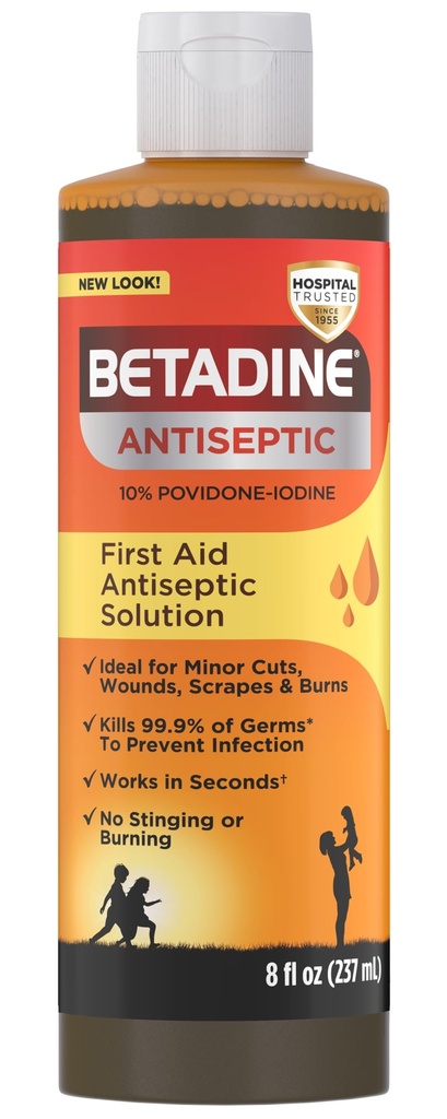 Betadine Antiseptisk førstehjælp Opløsning, Povidon-jod 10%, Infektion Beskyttelse, Kills Germs In Minor Cuts Scrapes And Burns, No Sting Lover, Ingen Alkohol eller Hydrogen Peroxid, 8 FL OZ