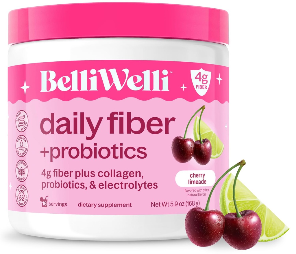 Belli Welli Fiber Supplement for Women&Men, Premium Daily Fiber Powder from Organic Acacia Fiber Added Collagen, Electrolytes&Probiotics, No Bloat, Constipation&Gut Health Support (Cherry Limeade)