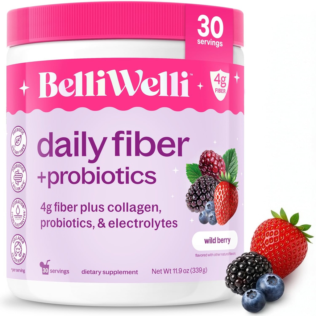 Belli Welli Fiber Supplement for Women & Men – Premium Daily Fiber Powder from Organic Acacia with Added Collagen, Electrolytes & Probiotics – No Bloat, Constipation & Gut Health Support (Wild Berry)