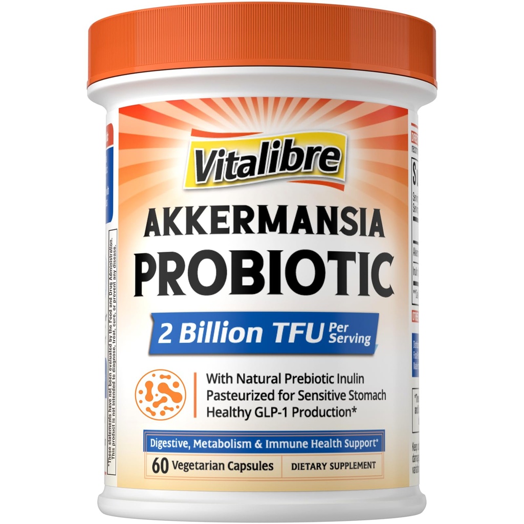 Vitalibre Akkermansia Muciniphila Probiotic, 2 Billion TFU, w/Natural Prebiotic Inulin, Naturally Increases GLP-1, Healthy Digestion & Metabolism, Probiotic Supplement for Women & Men, 60 Capsules