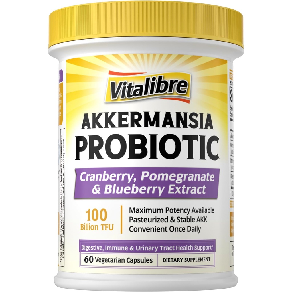 Vitalibre Akkermansia Probiotics 100 Billion TFU, Pasteurized Akkermansia Muciniphila, w/Cranberry, Blueberry & Pomegranate, Digestive & Immune Health, Leaky Gut, GLP-1 Supplement, 60 Vegan Capsules