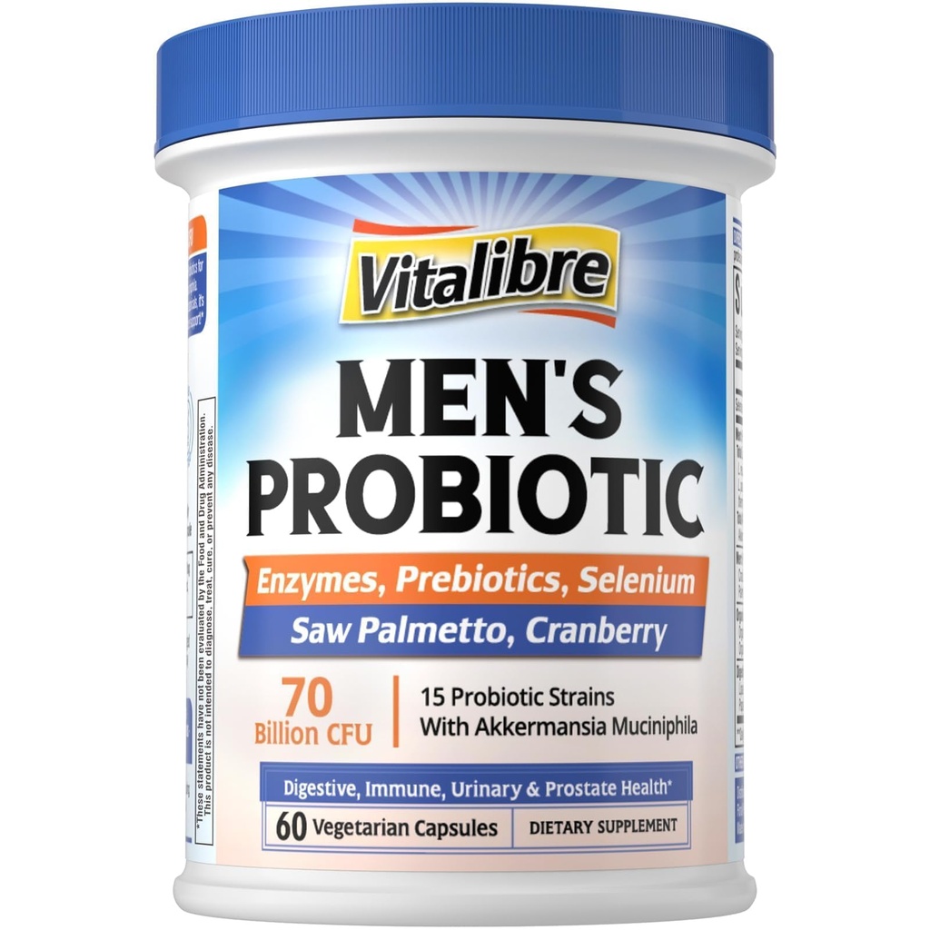 Probiotics for Men with Akkermansia Muciniphila, Prebiotics, Selenium, Enzymes, Saw Palmetto, Cranberry for Digestive, Gut, Immune, Prostate & Urinary Tract Health, 70 Billion CFUs, 60 Capsules