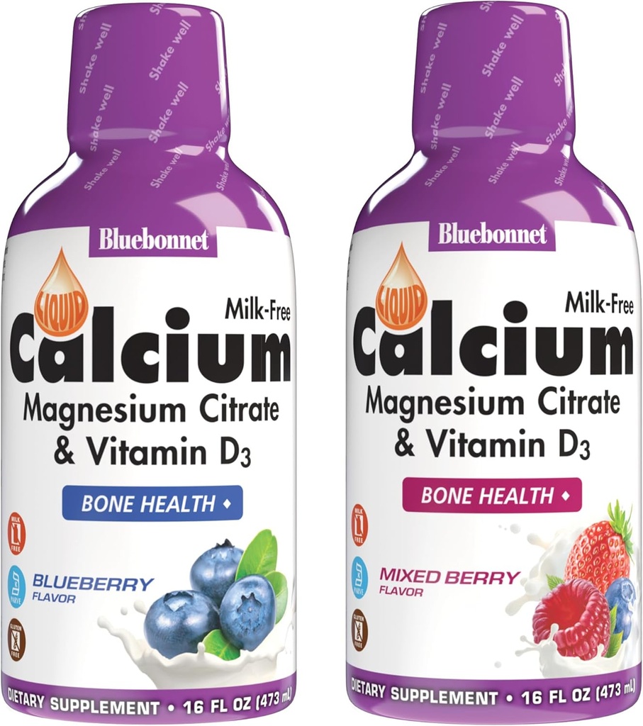 BlueBonnet Nutrition Flydende Calcium Citrat Magnesium Citrat, D3- vitamin, Knoglesundhed, Gluten Free, Soy Free, Milk Free, Kosher, Blåbær og blandet Berry Combo
