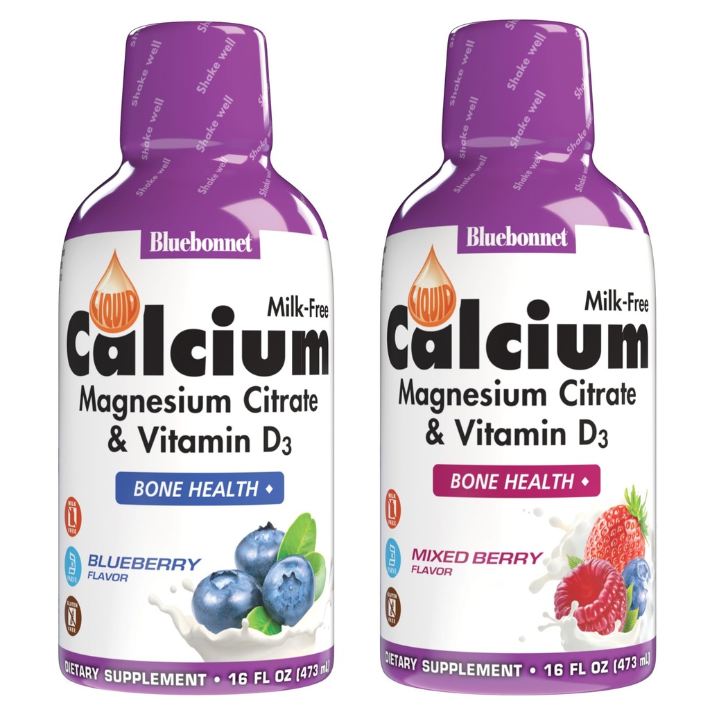 BlueBonnet Nutrition Flydende Calcium Citrat Magnesium Citrat, D3- vitamin, Knoglesundhed, Gluten Free, Soy Free, Milk Free, Kosher, Blåbær og blandet Berry Combo
