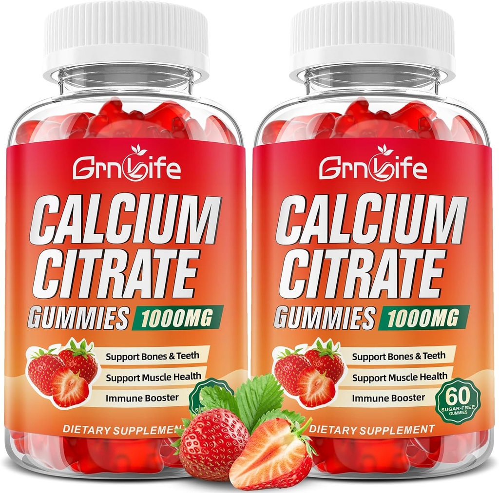 2 Pack Calcium Citrate Gummies, Sugar Free Calcium Citrate 1000mg for Muscle Sund, Absorption Calciumtilskud til voksne & Børn, Jordbær, 120 Tæl