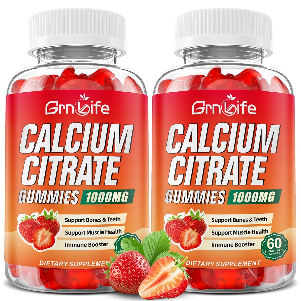 2 Pack Calcium Citrate Gummies, Sugar Free Calcium Citrate 1000mg for Muscle Sund, Absorption Calciumtilskud til voksne & Børn, Jordbær, 120 Tæl