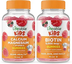 Lifeable Calcium Magnesium Kids + Biotin Kids, Gummies Bundle - Great Tasting, Vitamin Supplement, Gluten Free, GMO Free, Chewable Gummy