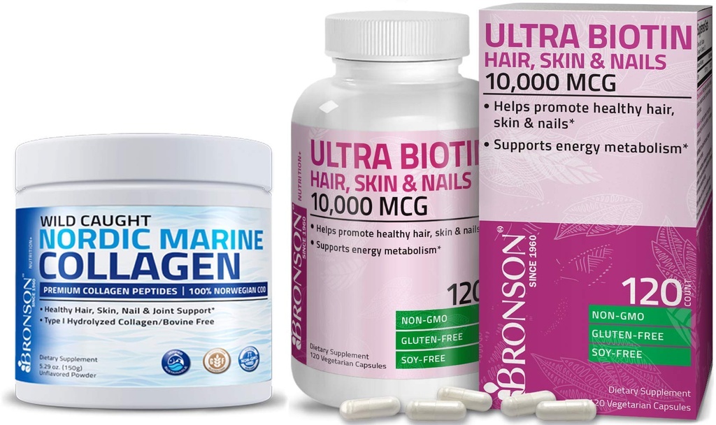 Bronson Marine Collagen Peptider Hydrolyseret protein pulver + Ultra Biotin 10.000 Mcg hår hud og negle supplement