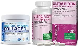 Bronson Marine Collagen Peptider Hydrolyseret protein pulver + Ultra Biotin 10.000 Mcg hår hud og negle supplement