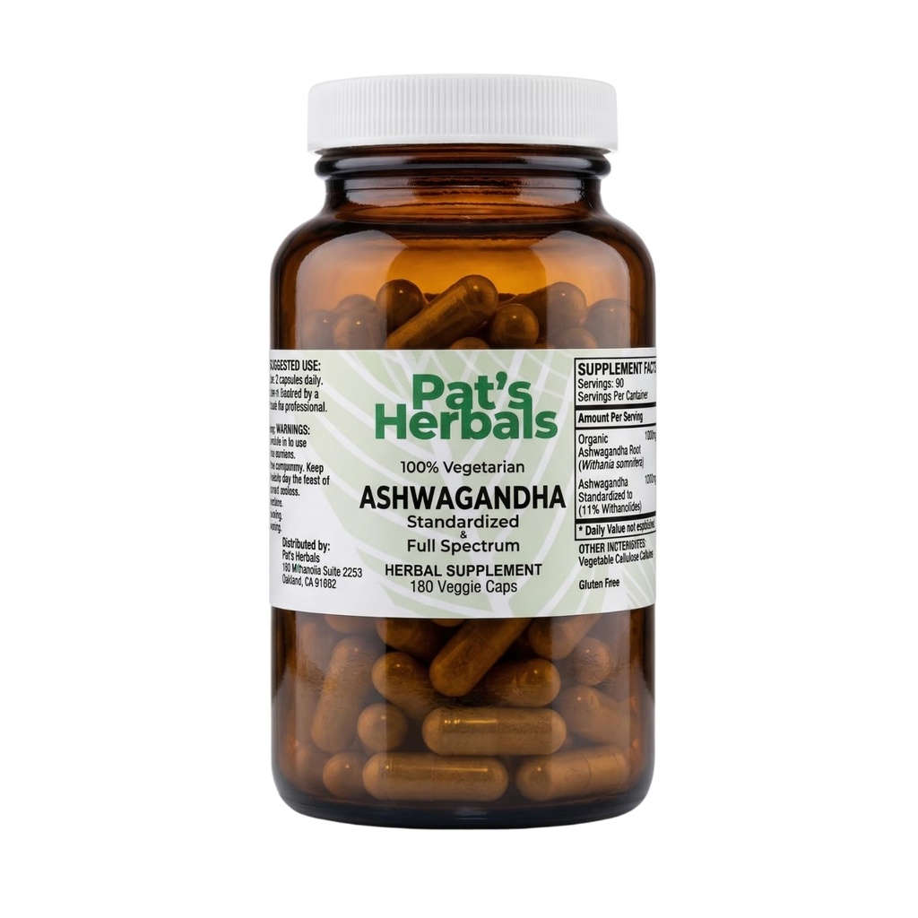 Pat's Herbals Ashwagandha Capsules | 180 Count | 600mg Pure Ashwagandha Root | Vegan & Non-GMO | USA Grown