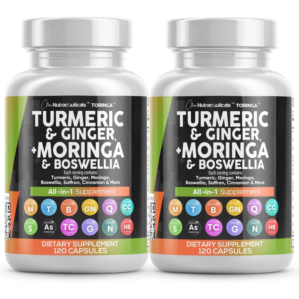 Gurkemeje Moringa Supplementet 124; Ginger Boswellia Safran - Supplement for kvinder og mænd med Ceylon Cinnamon, Tart Cherry, Quercetin Hvidløg Nettle Holy Basil - 2Pack