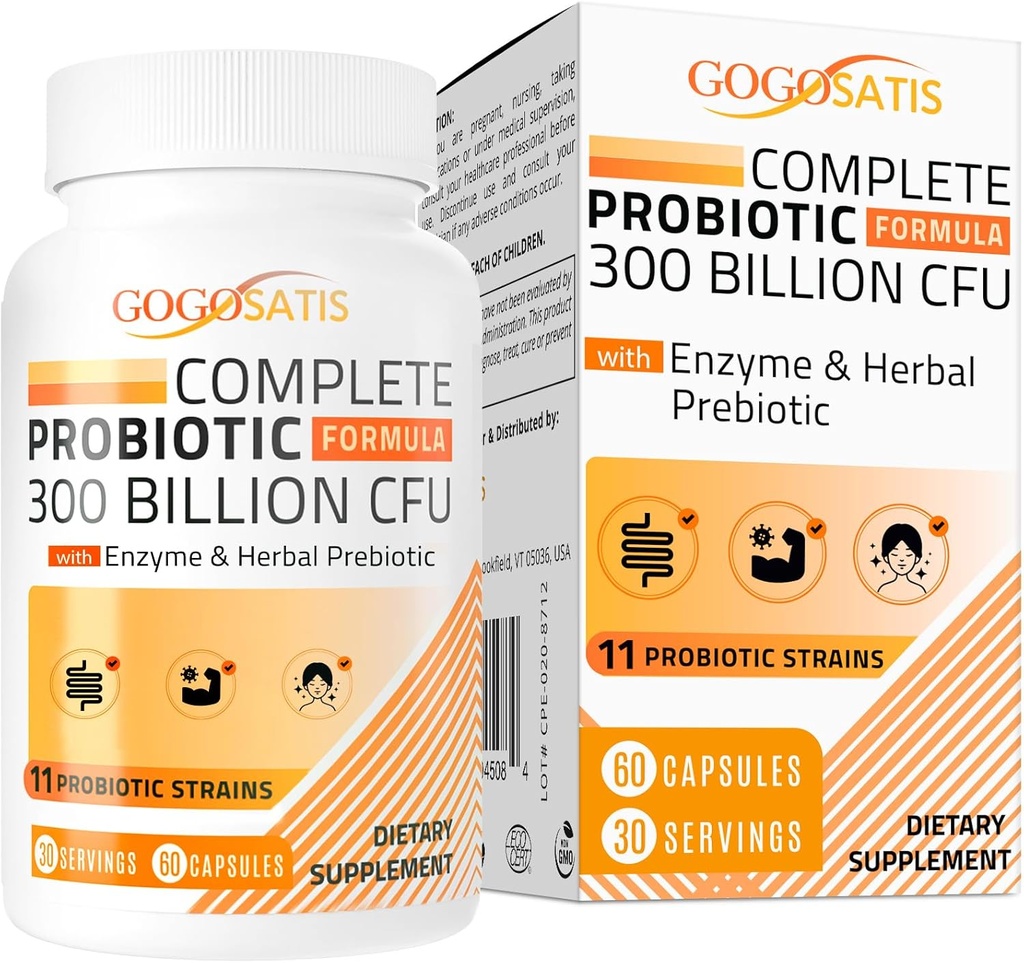Probiotika til kvinder & mænd, 300 Millioner CFU 11 Strops + Organic Herbal & fordøjelsesenzymer, Probiotika til fordøjelsessygdomme, Gas & Bloating, Immun, Gut Sundhed for kvinder & mænd, Hylde Stable, 60 Caps