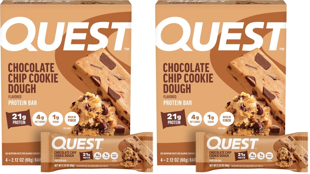 Quest Nutrition Chocolate Chip Cookie Dough Protein Bars,21g Protein,4,Net Carbs,1g Sugar,High Fiber,Gluten Free,Keto Friendly,4 Count (Pack of 2)