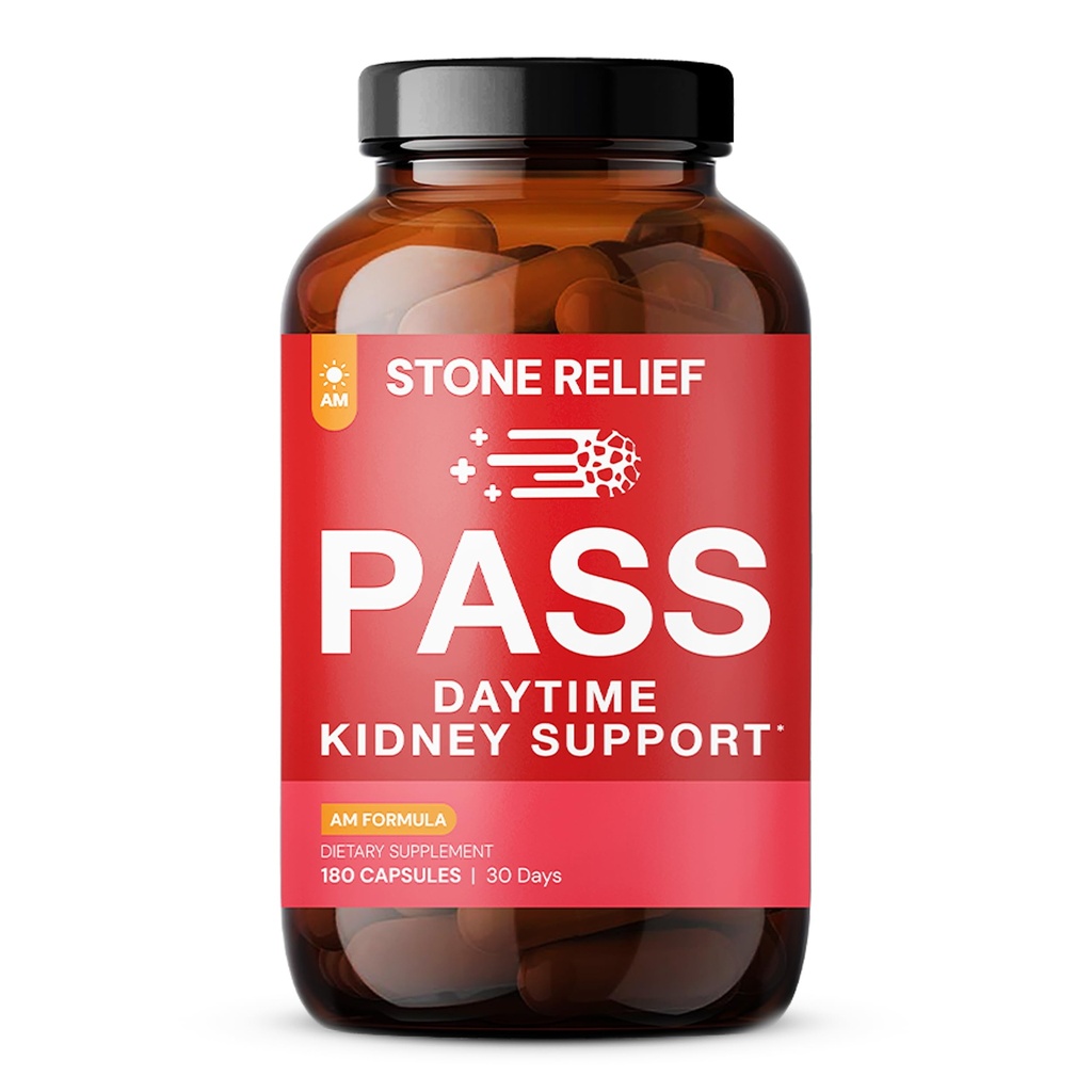 STONE RELIEF Pass AM - Dagslys Herbal Nyre Support for Relief, Comfort, & Øget Flow (180 Capsules + Stone Catcher + Printed Guidebook)
