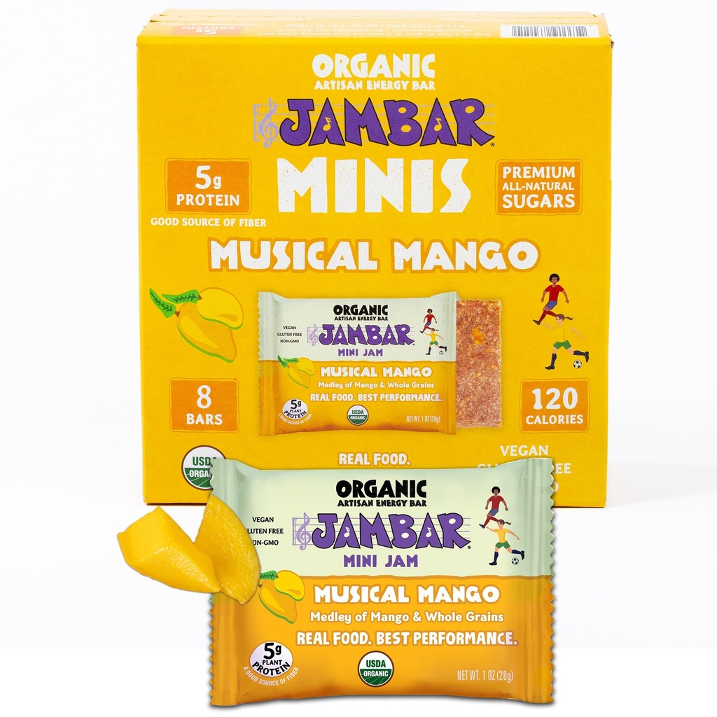 JAMBAR Mini Energy Bars, Organic Protein Bars, Gluten Free Snack Bar, 5g Plant Protein, Vegan, Healthy Snacks, For Adults and Kids, USDA Organic, No Artificial Sweeteners, Musical Mango, 8-Pack