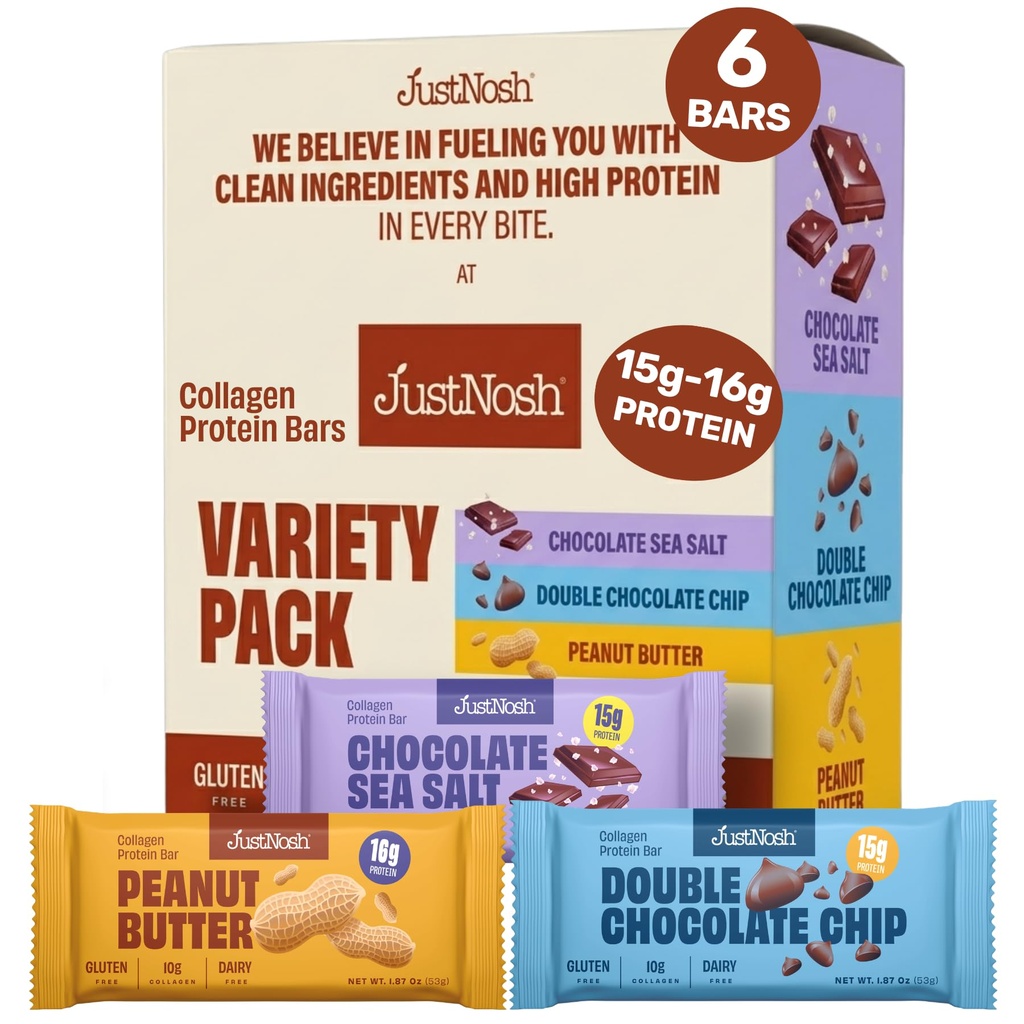 JUSTNOSH Best Sellers Sampler Pack Collagen Protein Bars – 15g Protein, 10g Collagen | Gluten & Dairy Free, Low FODMAP, Seed Oil Free (6 Pack)