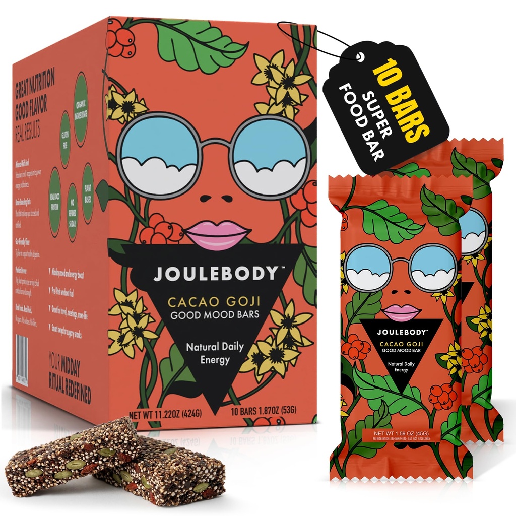 JOULEBODY Organic Super Food Bars - Cacao Goji Meal Replacement Bars Protein, Good Mood Sports Nutrition Bars for Real Nourishment, Plant Based 10g Protein Energy, 7g Fiber, No Refined Sugar, 10 Count