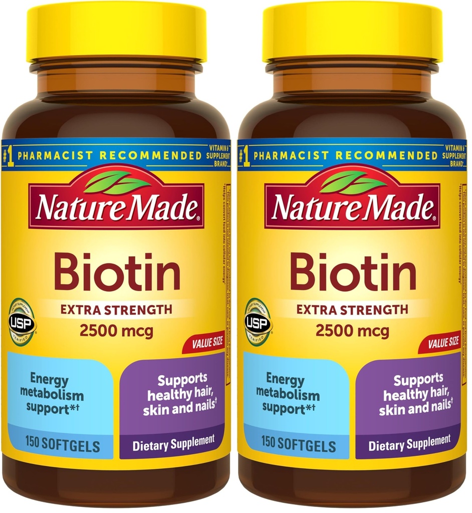 Nature Made Biotin 2500 mcg Extra Strength, Biotin Supplements Support Healthy Hair Skin & Nails, 150 Softgels, 150 Day Supply, (Pack of 2)