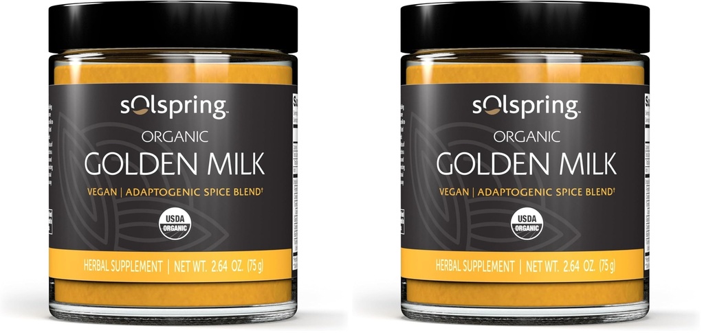 Dr. Mercola Solspring Organic Golden Milk Herbal Supplement, 2.64 Oz. (75 g), Vegan Spice Blend with Turmeric & Ginger, Non GMO, Gluten Free, Soy Free, USDA Organic (Pack of 2)