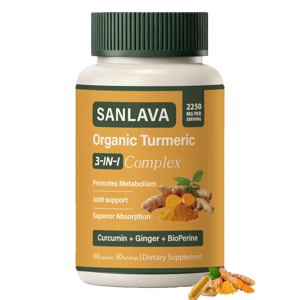 Organic Turmeric 3 in 1, Organic Turmeric Complex Supplement 2250mg,Vegan,60 Capsules