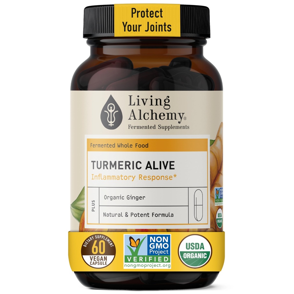 Living Alchemy Turmeric & Ginger Supplement - Fermented Turmeric Capsules for Gut, Mobility, & Joint Support - Natural Herbal Supplements - Vegan, Non-GMO, Filler-Free, & Dairy-Free 60 Pcs