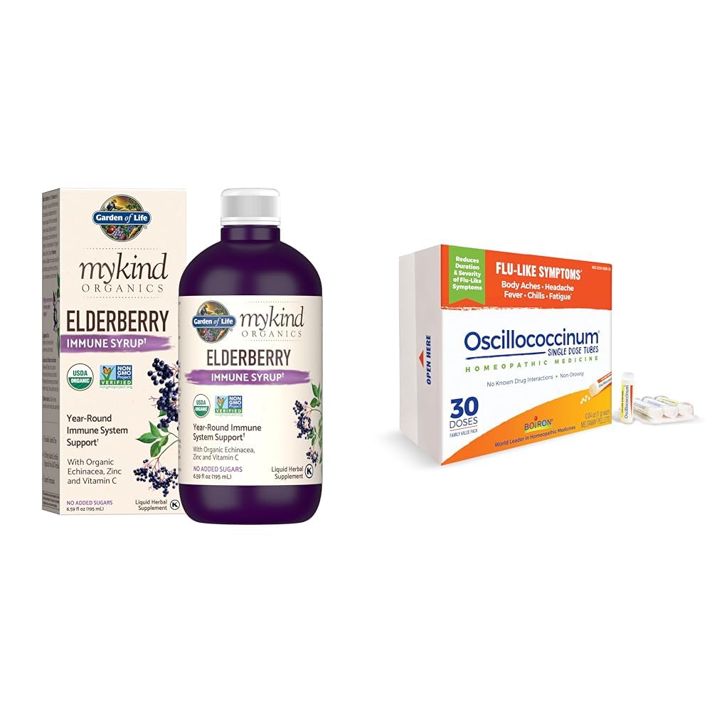Haven af Life Organics Plant- Based Elderberry Immunsyrup 6.59 fl oz (195 Ml) & Boiron Oscillococcinum for Relief fra Flu- Like Symptomer på Body Aches