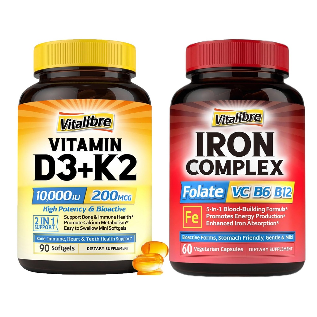 Vitalibre Iron Complex Supplement 60 Capsules & Vitamin D3 K2 Supplement 10000 IU 90 Softgels