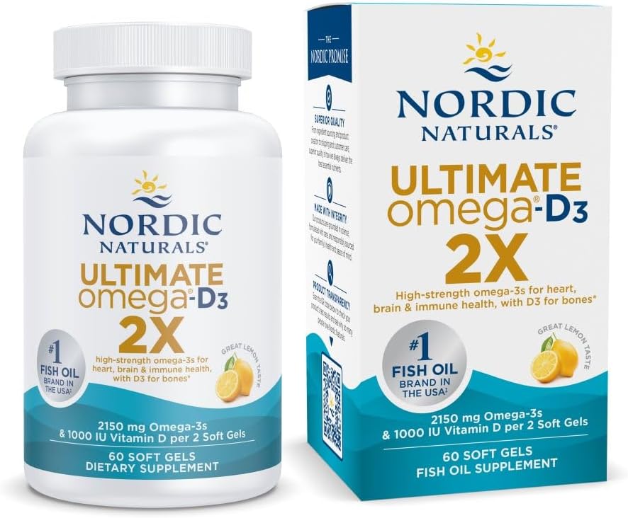 Nordiske Naturals Ultimate Omega 2X med vitamin D3, Lemon Flavor - 60 Soft Gels - 2150 mg Omega-3 + 1000 IE D3 - EPA & DHA - hjerne, hjerte, og immunforsvar - 30 Servere
