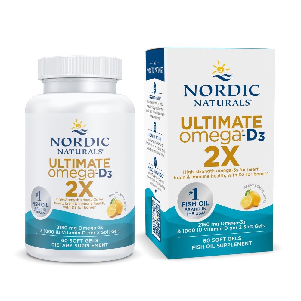 Nordiske Naturals Ultimate Omega 2X med vitamin D3, Lemon Flavor - 60 Soft Gels - 2150 mg Omega-3 + 1000 IE D3 - EPA & DHA - hjerne, hjerte, og immunforsvar - 30 Servere