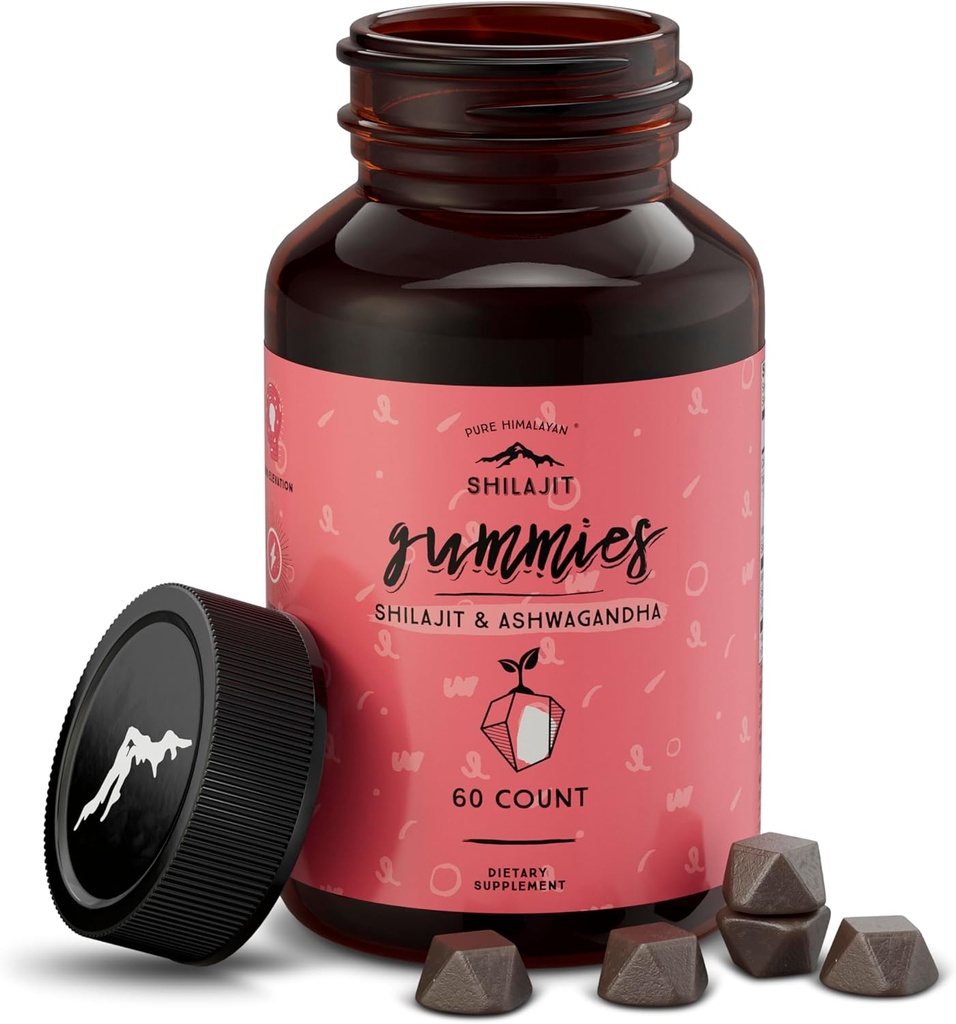 Pure Himalayan Shilajit Gummies, Sugar- Free, 85 + Trace Minerals & Fulvic Acid for Energy, Metabolisme & Immunsupport, Shilajit for Mænd & Kvinder, Ashwaghanda Gummies (60 Greve)