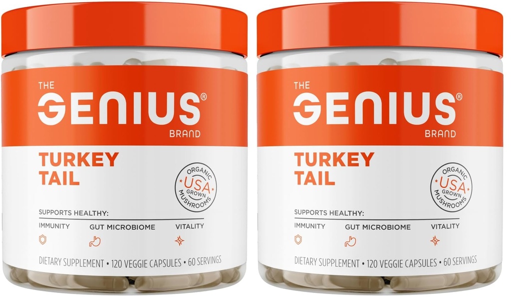 The Genius Brand Genius Turkey Tail - Plant-Based Supplement for Immune, Gut & Antioxidant Support - Organic & Non-GMO - 120 Veggie Capsules (Pack of 2)