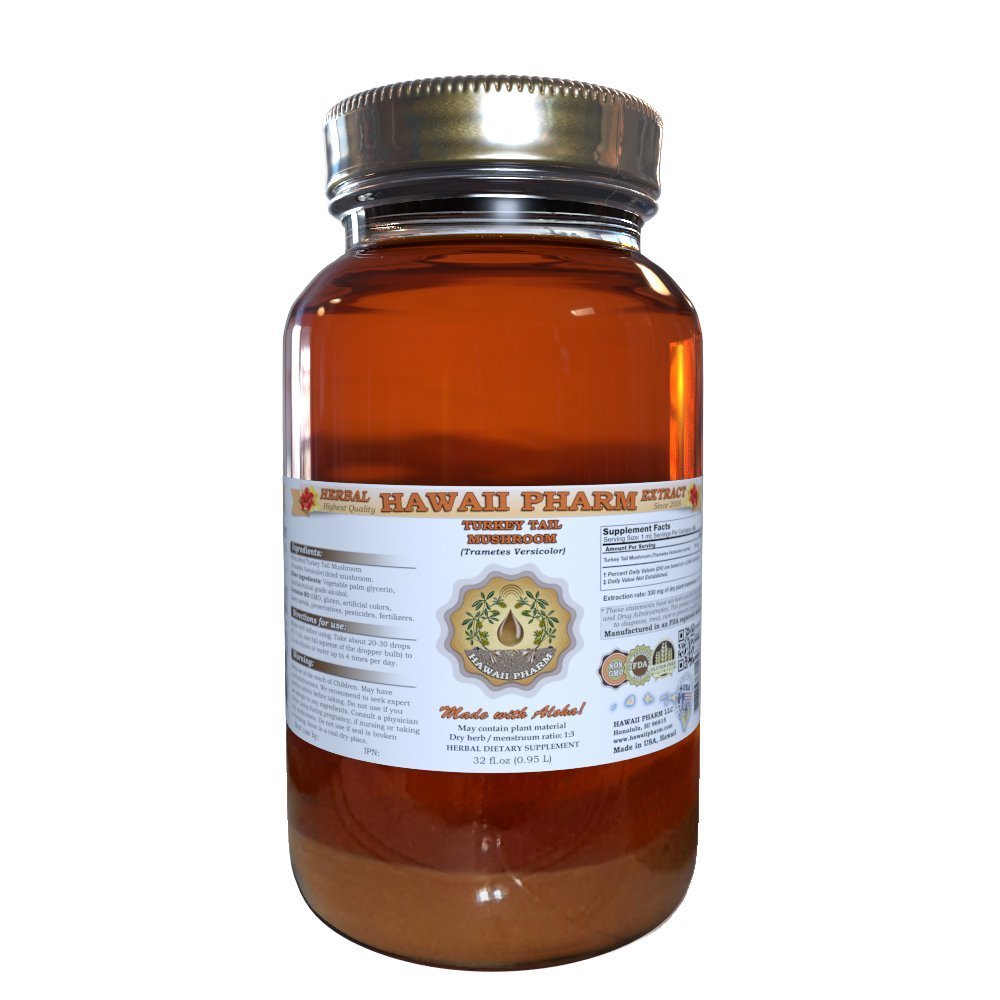 Turkey Tail Mushroom Liquid Extract, Turkey Tail Mushroom (Trametes Versicolor) Mushroom Tincture, Herbal Supplement, Hawaii Pharm, Made in USA, 32 fl.oz