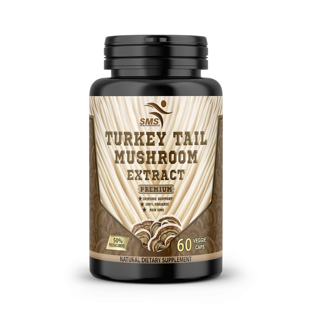 Turkey Tail Mushroom Capsules, No Fillers, 50% Polysaccharides Extract, Immune & Digestive Support Supplement, Organic, Non GMO, 60 Veggie Capsules