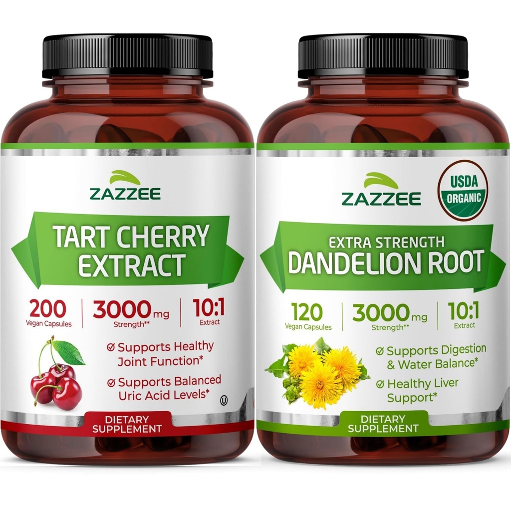 Zazzee Herbal Uric Acid Cleanse Bundle | USDA Organic Dandelion Root Extract Capsules Plus Super Concentrated 10:1 Tart Cherry Extract Capsules | Non-GMO Vegan & ISO Lab Tested