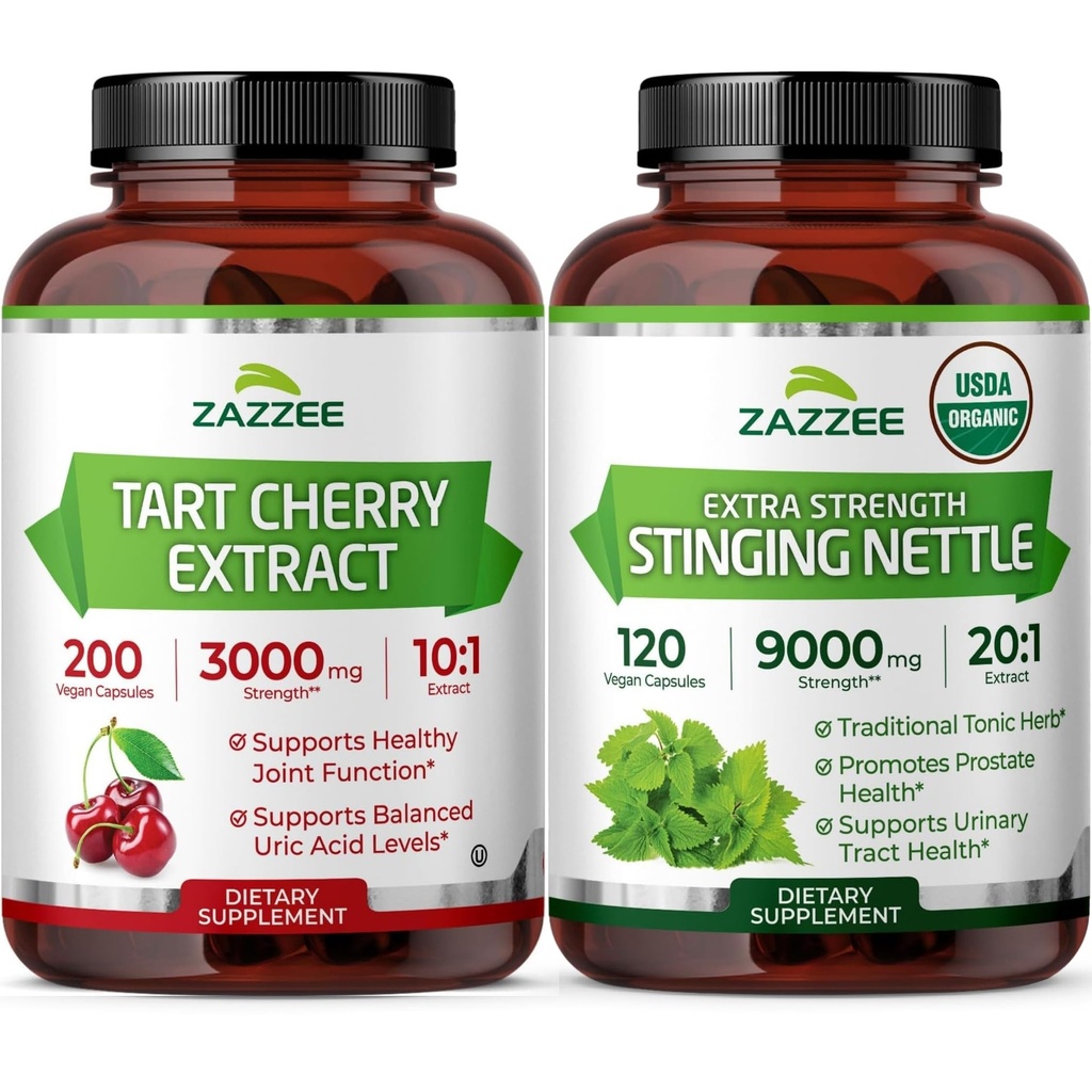 Zazzee Herbal Uric Acid Cleanse Bundle | USDA Organic 20:1 Stinging Nettle Extract Capsules Plus Super Concentrated 10:1 Tart Cherry Extract Capsules | Non-GMO Vegan & ISO Lab Tested
